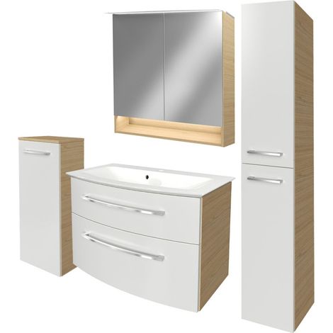 Fackelmann B.STYLE Badmöbel Set mit Waschbecken mit Unterschrank 80 cm breit – LED-Spiegelschrank – Midischrank und Hochschrank in Weiß mit Holz braun – Badezimmermöbel in Sandeiche Holzoptik"-"902001 (1/5)