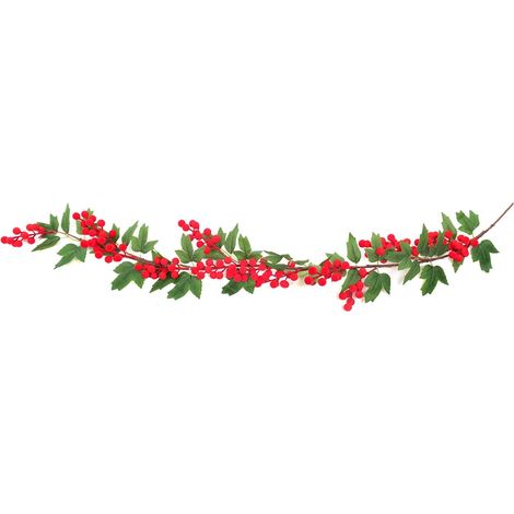 Ghirlanda decorativa floccata con bacche rosse e foglie decorative 133 cm
