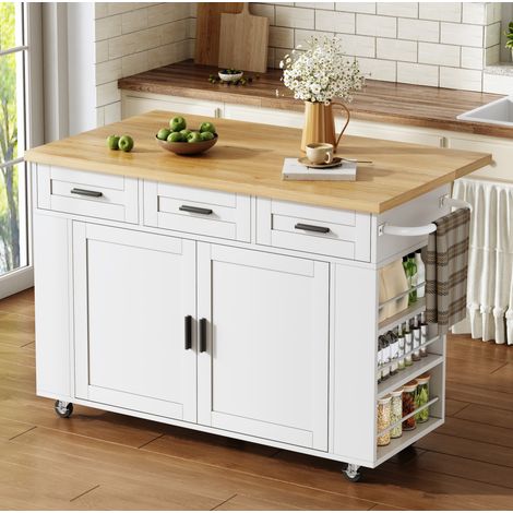 Isla de cocina plegable 120 x 45(70) x 84 cm, MDF, ruedas, enchufes y USB (1/5)