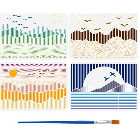 4Pcs Pochoir de Paysage de Ligne Avec Pinceau 21X29.7cm Modèle de Montagnes de Soleil Pochoir D'Oiseaux Volants Modèle de Coucher de Soleil de Lever de Soleil Pochoir de Thème de Nature (1/5)
