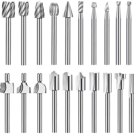 Jeu de Mèches de Gravure Haute Dureté, 10pcs Mèches de Gravure en Carbure HSS & 10pcs Mèches de Toupie Tige 1/8&34(3mm) pour Outils Rotatifs pour Bricolage en bois, Sculpture, Perçage, Gravure, Ébarba (1/5)