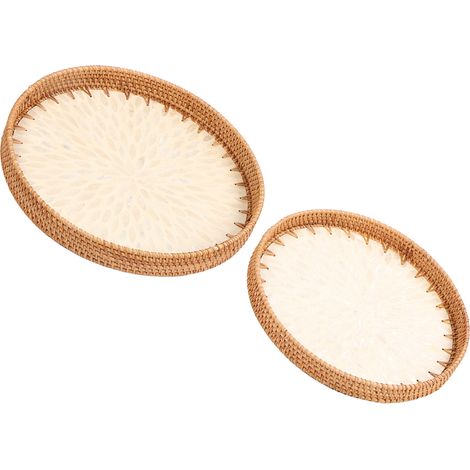 2 Stück gewebte Serviertabletts, rund, umweltfreundlich, traditionell handgefertigt, aus Rattan, dekorativ, für Speisen und Obst, weiß (1/5)