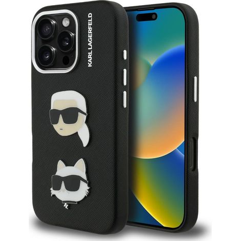 Custodia per iPhone 16 Pro Max nera con stampa Karl Lagerfeld FW e spille a forma di teste di Karl e Choupette. (1/5)