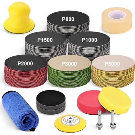 Kit Rénovateur Phare Voiture 130 Pcs, Rénovation Phare Auto et Moto, Disques Abrasifs 75mm à l'Eau et à Sec (Grains 80-5000), Kit Polissage avec Adaptateur Perceuse et Ruban de Masquage