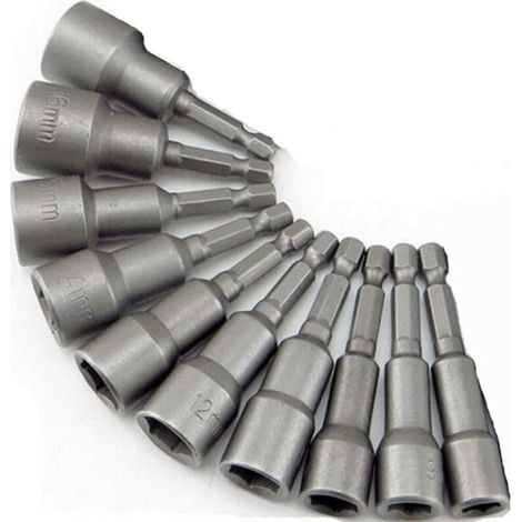10 x Douille Magnétique pour Visseuse - Adaptateur Embout, Mandrin Pans Carré Hexagonal 6-19mm (1/5)