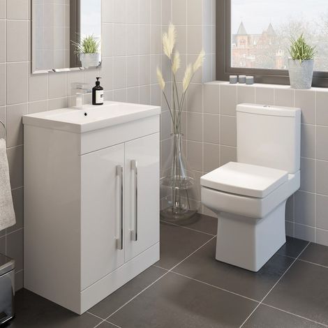 White Bathroom Suite 600mm Vanity Unit Close Coupled Toilet Cloakroom Basin Set (1/5)