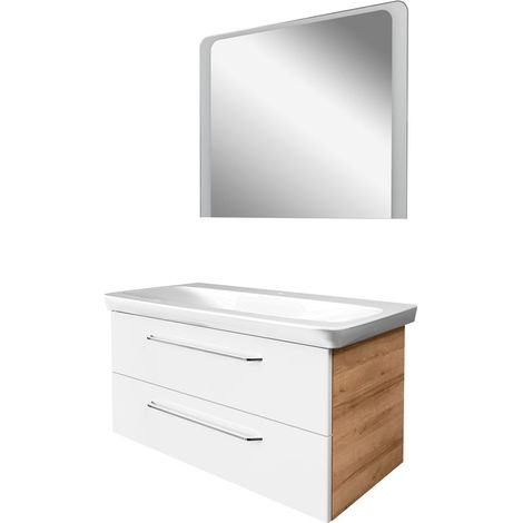 Fackelmann MILANO Badmöbel Set 3-teilig, 100 cm, Braun hell/Weiß, Keramik, LED-Spiegel"-"90310145 (1/2)
