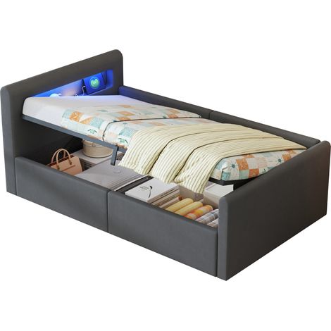 CHICFURN lit enfant capitonné avec rangement hydraulique et LED 90 x 200 cm gris (1/5)