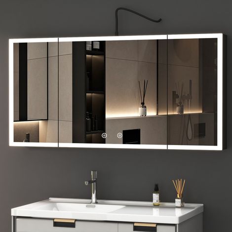 Großer Spiegelschrank Bad mit Beleuchtung 120x60 cm, Spiegelschrank Schwarz mit Beleuchtung Badezimmerschrank Bad-Hängeschränke mit 3 Einstellbare Lichtfarben, Beschlagfrei, Komplett Vormontiert (1/5)