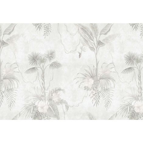 Papier peint panoramique beige et gris à motif tropical Tapisserie panoramique tendance pour salle à manger Papier peint panoramique jungle (1/2)