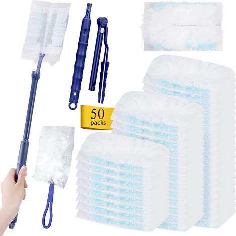 52 Pièces Recharges Compatible avec Plumeau Poussiere, Plumeau Poussière avec 1 Poignée, 1 Telescopique Compatible avec Recharge Kit, Recharges pour Plumeau Retient la Poussière (1/5)