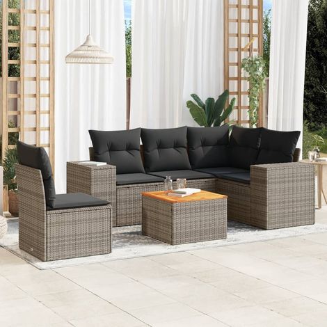 Ensemble Salon Jardin 6 Pièces Résine Tressée Gris avec Coussins et Table Acacia - Meubles d'Extérieur Modulables (1/3)