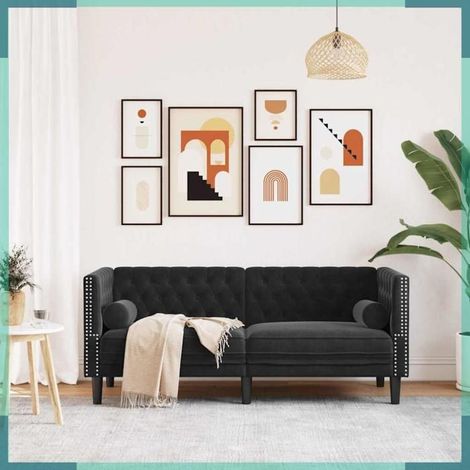 372688 Canapé Chesterfield avec traversins 2 places noir velours (1/5)