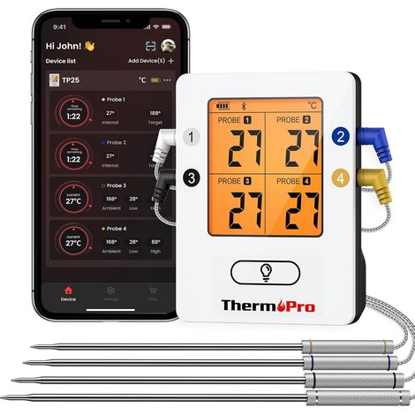 TP25 Thermomètre à Viande Sans Fil Bluetooth Numérique Thermomètre pour Cuisson au Four avec 4 Sondes de Température pour Aliments pour Griller Thermomètre de Fumeur Rechargeable (1/5)