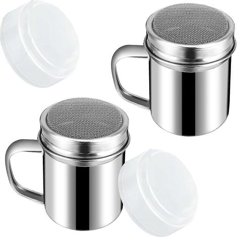 Lot de 2 saupoudreuses à farine en acier inoxydable 304 de qualité alimentaire, avec tamis amovible, poignée ergonomique et tamis à sucre, multicolores. (1/5)