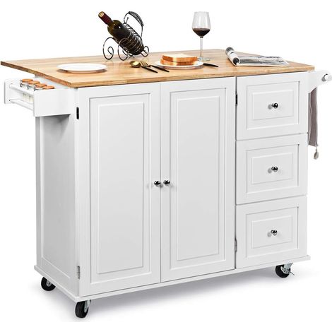 Costway – Desserte de cuisine sur roulettes – Îlot central en bois d'hévéa pliable – Rangement 3 tiroirs, 2 étagères réglables – Support à épices 136x76x91cm blanc