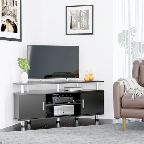 Mueble de TV clásico para salón con 2 estantes y 2 armarios, MDF y acero inoxidable, negro, 120 x 39,5 x 52 cm.