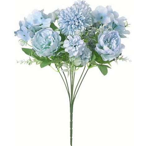 Fleurs artificielles, 2 bouquets de pivoines artificielles en soie, hortensias, œillets et marguerites en plastique (bleus)