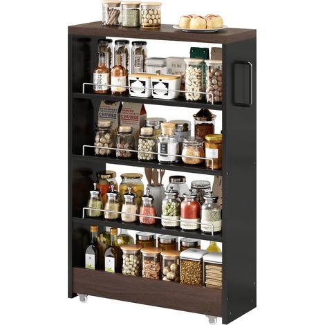 Chariot de rangement ultra fin sur roulettes, 4 étagères réglables, MDF noir et plateau aspect bois foncé, pour cuisine et salle de bain CHICFURN (1/5)