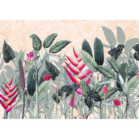 papier peint panoramique feuilles tropicales vert et rose - Komar (1/4)