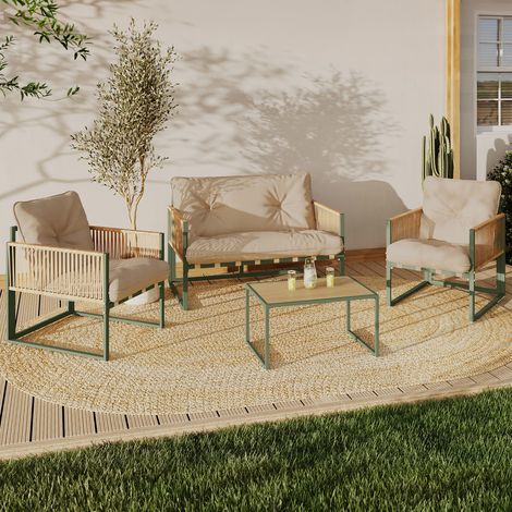 Conjunto de muebles bajos de jardín de 4 plazas RIO con estructura de metal verde, cordaje efecto ratán claro y cojines beige
