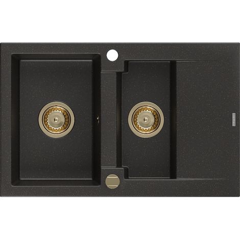 Mexen Gaspar évier en granit à 1,5 cuvette avec égouttoir 737 x 475 mm, Noir/Or métallique, siphon Or - 6507731505-75-G (1/5)