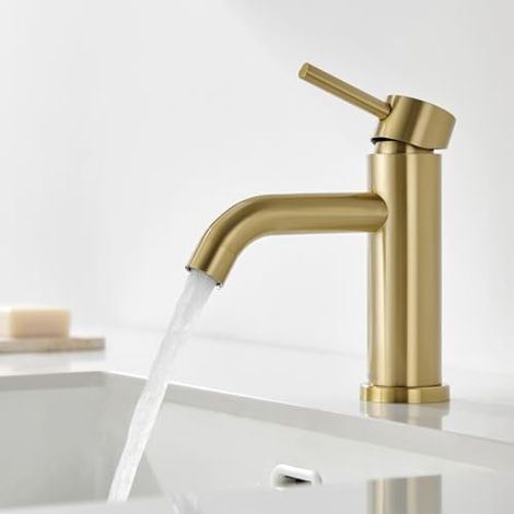 Mitigeur lavabo doré brossé inox sans plomb – Robinet réglable eau chaude/froide avec aérateur – Sanitaire haut de gamme résistant corrosion – 2 longues traînes : mitigeur salle de bain moderne, robin