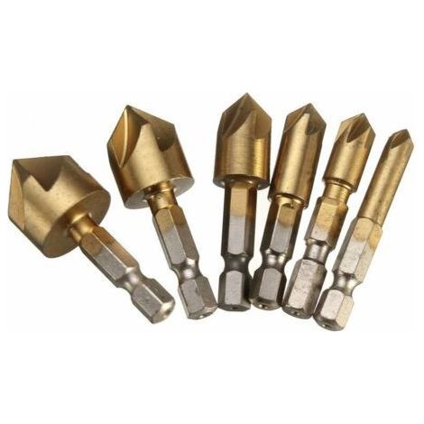 6pcs HSS Countersink 90 Degree 5 Flute Countersink Hole Cutter Titanium Coated 1/4" Woodworking Drill Hex Shank 6mm 8mm 9mm 12mm 16mm 19mm (1/4)