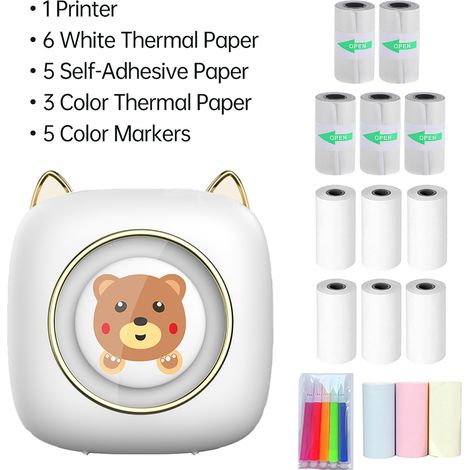 Imprimante thermique de poche sans fil BT 203DPI pour photo étiquette bricolage liste notes mémo journal reçu autocollant instantané avec 6 rouleaux papier thermique + 5 papier adhésif + 3 papier coul (1/3)