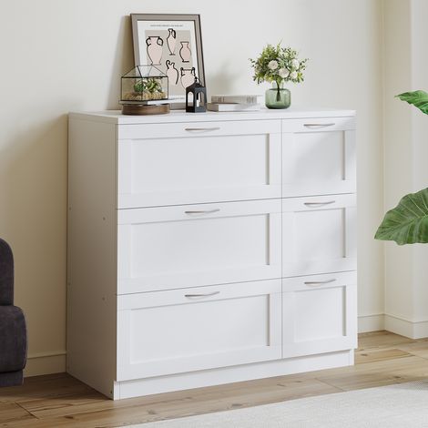 Commode 6 Tiroirs Meuble Salon Meuble Entrée Moderne 88x40x80cm Buffet bas Poignées en Argent Casiers Tables de chevet Armoire Rangement Multifonctionnel pour Salon Chambre Blanc Mat