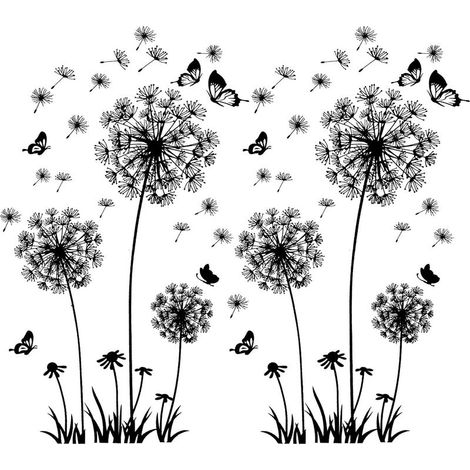 2 pièces stickers muraux noirs pissenlits pour la décoration murale, XXL grandes fleurs de pissenlit plantes autocollants collants peintures pour salon chambre antichambre couloir fenêtre 165X130cm-Fe (1/5)