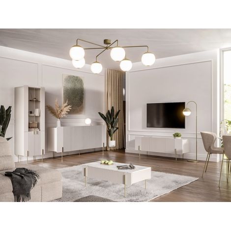 BOBOCHIC - Table basse 2 tiroirs 100 cm MATHILDE plateau effet marbre et pieds or Beige (1/5)