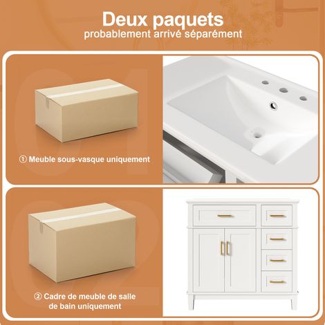 Meuble lavabo blanc en MDF avec vasque céramique, 5 tiroirs, double porte et fermeture silencieuse pour salle de bains et WC (1/5)