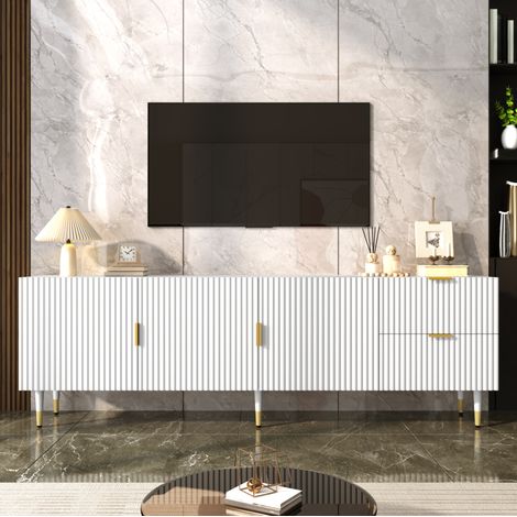 Mueble TV (170x35.5x55 cm), de tres puertas con cajones, huecos para cables, patas y tiradores dorados, MDF, blanco (1/5)