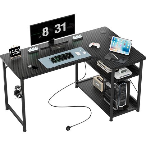 Bureau Gaming en Forme L, 120x80 cm Bureau d’Ordinateur avec Port de Charge USB et Prise de Courant, Bureau d’Angle avec Étagère de Stockage, Crochet pour Casque, Table de Jeu (1/5)