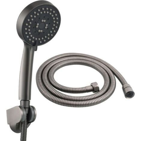Duschset mit 5 Wassersparmodi, Handbrause aus Kunststoff mit Halterung und Brauseschlauch, Grau/Schwarz ZVD (1/5)