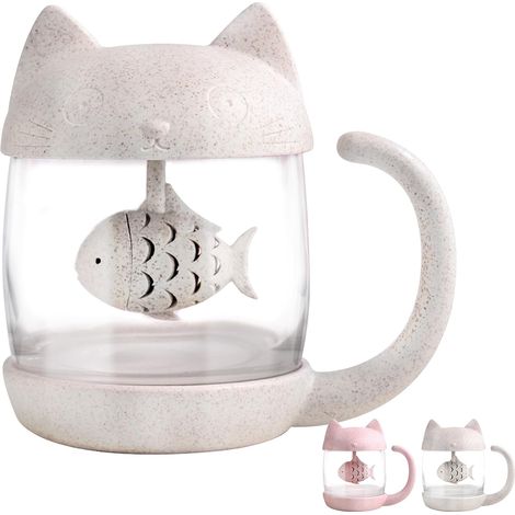 Tasse à thé en verre chat, bouteille d'eau avec infuseur à thé de poisson, passoire à thé en vrac 250ML