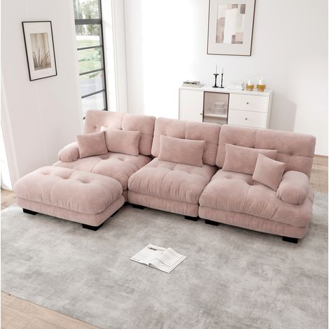 Canapé d’angle modulaire rose en chenille avec ottomans mobiles et assise profonde (1/5)