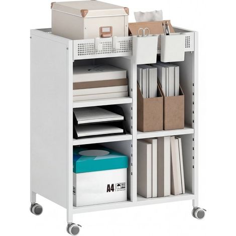Bibliothèque mobile à étagères ajustables, desserte 3 niveaux avec panier supérieur, couleur blanche