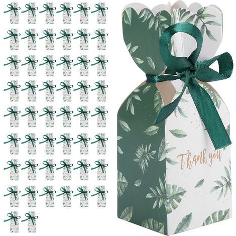 Boîte cadeau mariage 50 pièces, boîte surprise fête avec ruban, feuilles vertes, emballage anniversaire, sachet invités, décoration événement. (1/5)