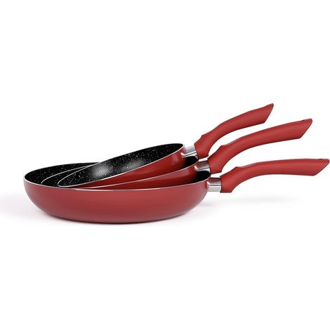 LIVOO MEN124RC set de 3 poëles aspect pierre coloris rouge chili diamètre 20 - 24 - 28 cm en aluminium