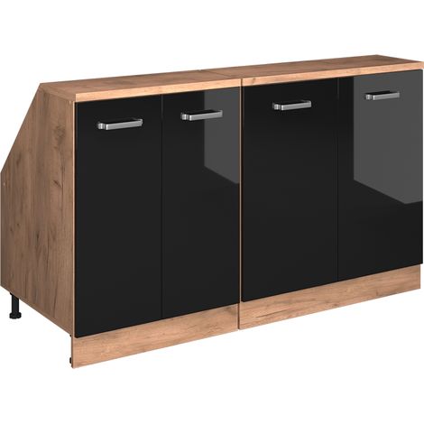 Meuble sous pente R-Line, Noir Haute brillance, 140cm Lot de 2 caissons 60 cm de profondeur, Vicco