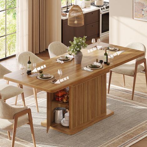 Table à manger extensible 120-160x80x76cm avec rangement caché, plateau rabattable et façades rainurées, effet bois brun foncé (1/5)