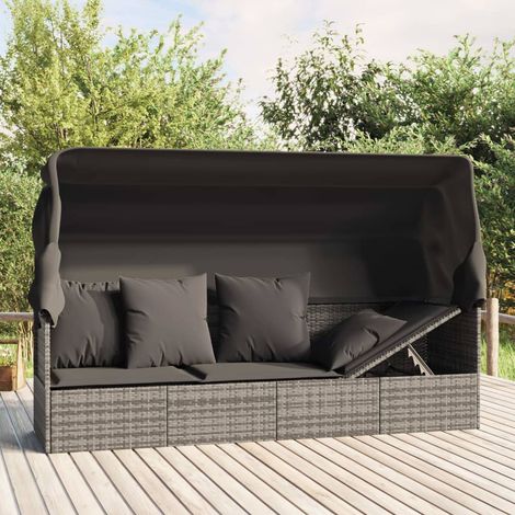 Lit de salon d'extérieur avec toit et coussins – Résine tressée gris – Dimensions 203x65x127 cm – Confort optimal pour espaces extérieurs
