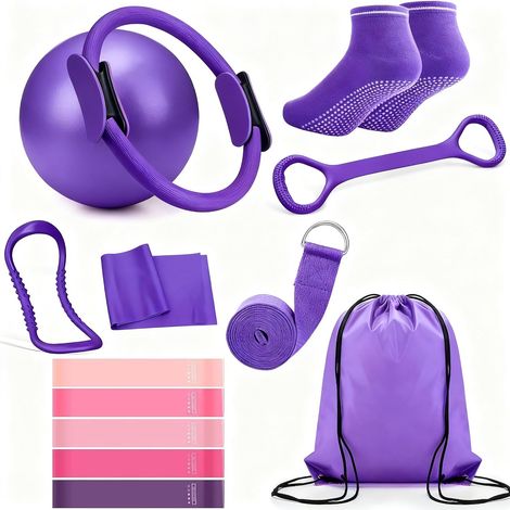 Kit de pilates, cercle de pilates 13 pièces avec anneau et bande de yoga, chaussettes, tondeuse pour le corps, équipement d'entraînement pour tonifier la salle de sport à domicile, force et (1/5)
