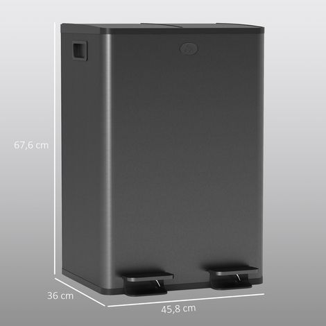 Poubelle de cuisine 2 compartiments de 2 x 28L, acier inoxydable, couvercle à fermeture douce, 45,8x36x67,6cm, noir (1/5)