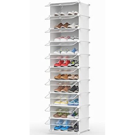 Schuhregal mit 10 Ebenen, Schuhschrank Schmal Schuhaufbewahrung für Flur Schlafzimmer Eingang, Weiß und Transparent