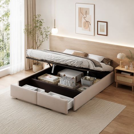 Lit coffre 160×200 cm, 2 tiroirs, rangement hydraulique, lit double, grande capacité, cadre de lit 160×200, sans tête de lit rembourrée,style moderne,lit adulte,lit ados,sommier à lattes,Lin,Beige (1/5)