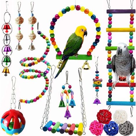 Ensemble de 15 jouets pour perroquets - Cage à oiseaux - Échelles - Balançoire - Balle avec clochette - Clochette en bois - Jouets pour perruches - Pour petits perroquets, calopsittes et inséparables (1/5)