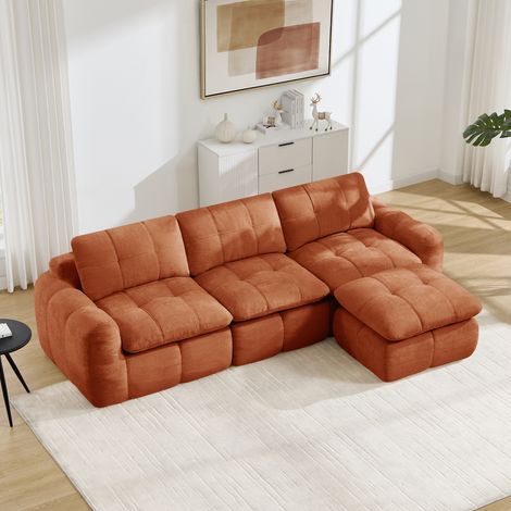 Canapé d'angle modulable 3 places sans structure, revêtement en chenille douce et agréable au toucher, garnissage en mousse haute densité 32D, montage facile, avec 1 pouf inclus, idéal pour les salons (1/4)
